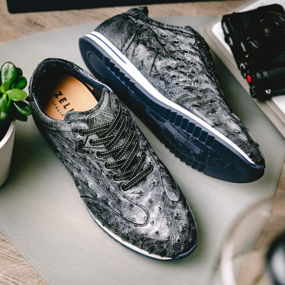 63-112-BLK RIO Ostrich Quill Sneakers, Black Denim - Zelli Italia - Flyclothing LLC