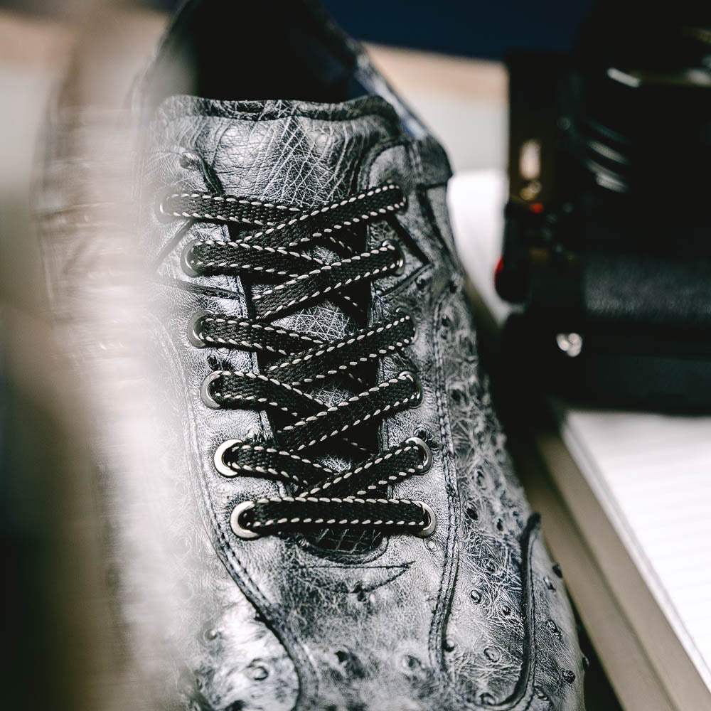 63-112-BLK RIO Ostrich Quill Sneakers, Black Denim - Zelli Italia - Flyclothing LLC