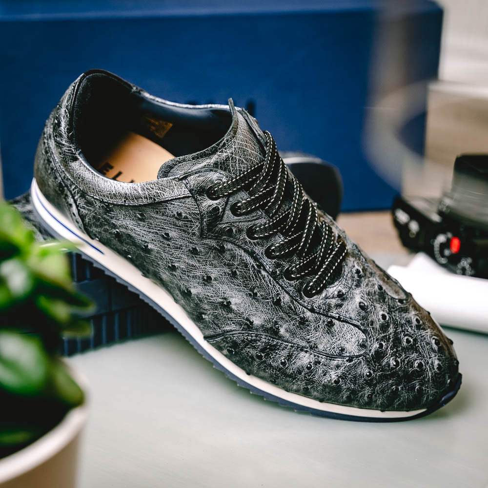 63-112-BLK RIO Ostrich Quill Sneakers, Black Denim - Zelli Italia - Flyclothing LLC