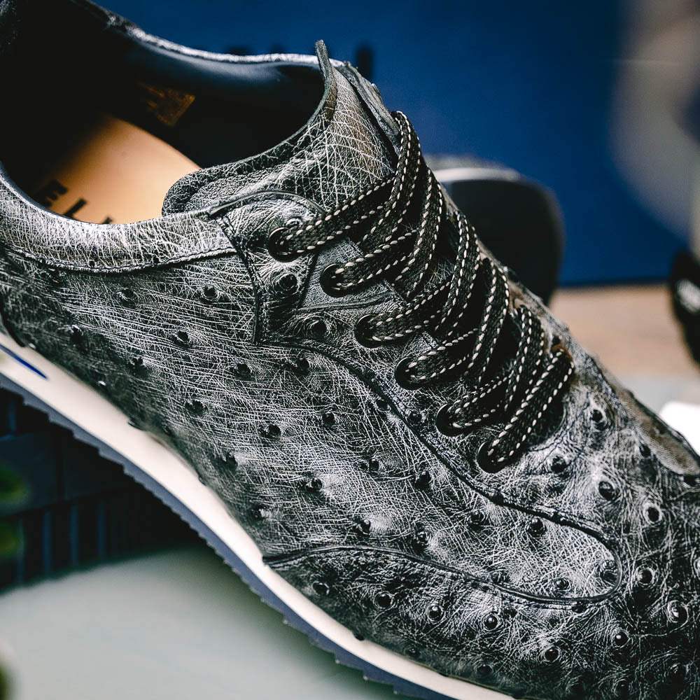 63-112-BLK RIO Ostrich Quill Sneakers, Black Denim - Zelli Italia - Flyclothing LLC