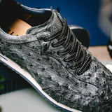 63-112-BLK RIO Ostrich Quill Sneakers, Black Denim - Zelli Italia - Flyclothing LLC