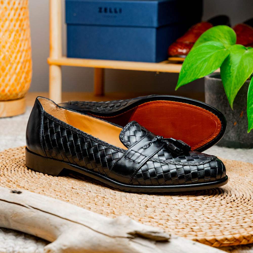 15-250-BLK RIVIERA Basketweave Calfskin Tassel Loafer, Black - Zelli Italia - Flyclothing LLC