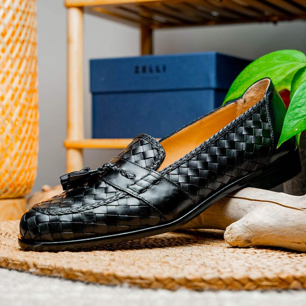 15-250-BLK RIVIERA Basketweave Calfskin Tassel Loafer, Black - Zelli Italia - Flyclothing LLC
