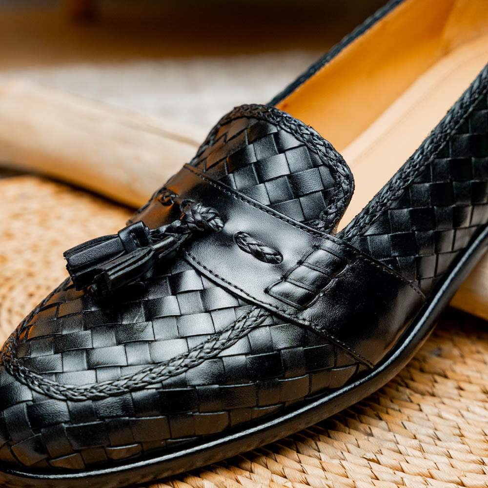 15-250-BLK RIVIERA Basketweave Calfskin Tassel Loafer, Black - Zelli Italia - Flyclothing LLC