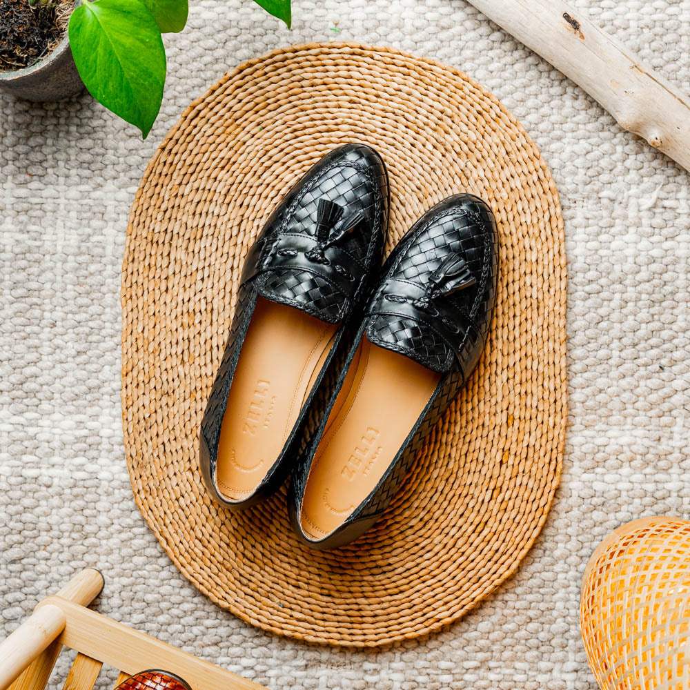 15-250-BLK RIVIERA Basketweave Calfskin Tassel Loafer, Black - Zelli Italia - Flyclothing LLC