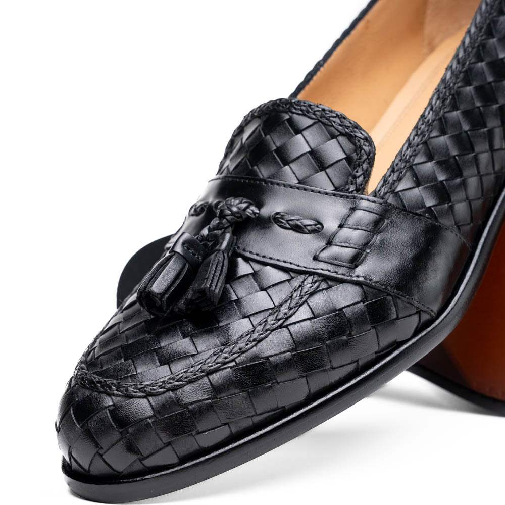 15-250-BLK RIVIERA Basketweave Calfskin Tassel Loafer, Black - Zelli Italia - Flyclothing LLC