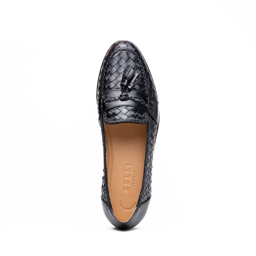 15-250-BLK RIVIERA Basketweave Calfskin Tassel Loafer, Black - Zelli Italia - Flyclothing LLC