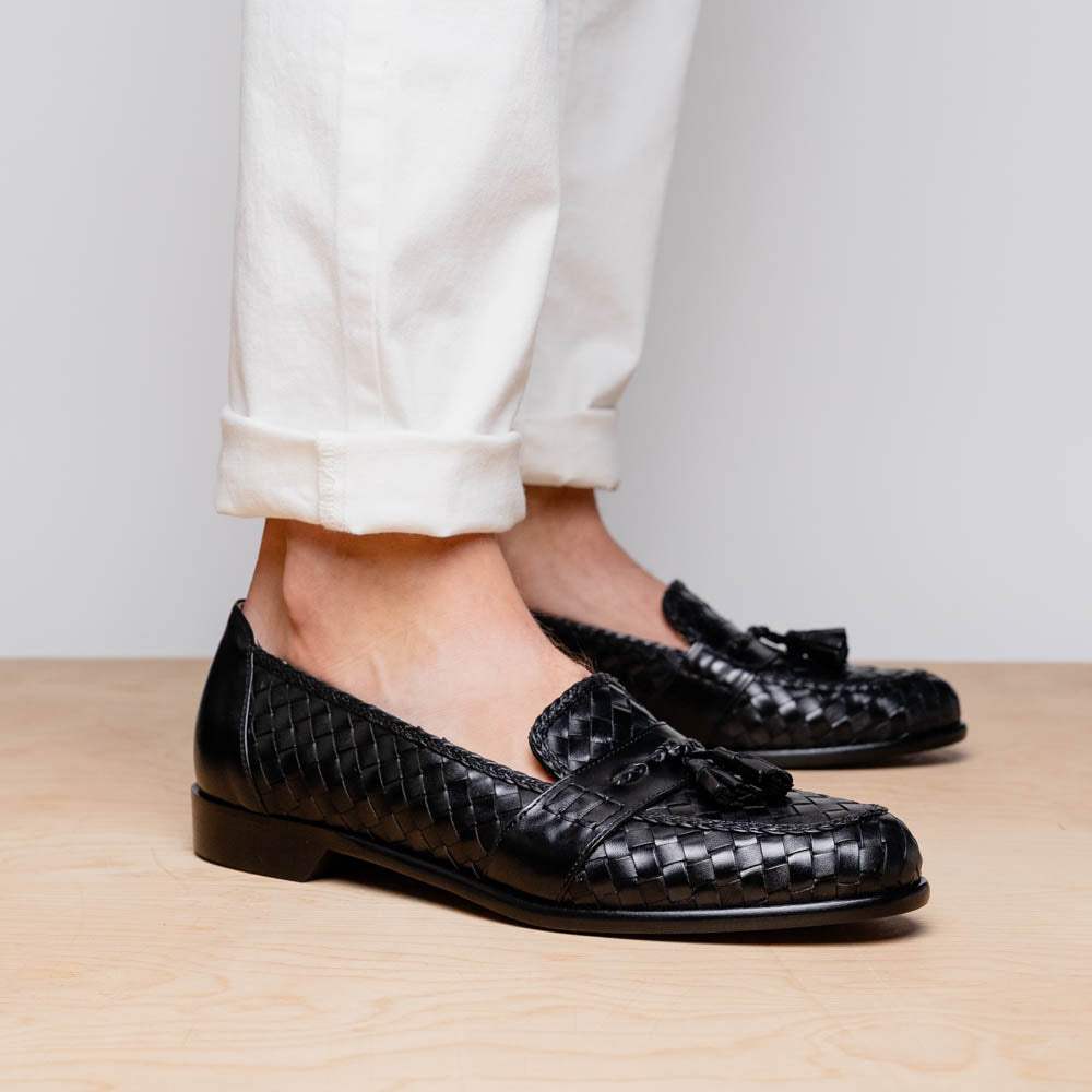15-250-BLK RIVIERA Basketweave Calfskin Tassel Loafer, Black - Zelli Italia - Flyclothing LLC