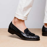 15-250-BLK RIVIERA Basketweave Calfskin Tassel Loafer, Black - Zelli Italia - Flyclothing LLC