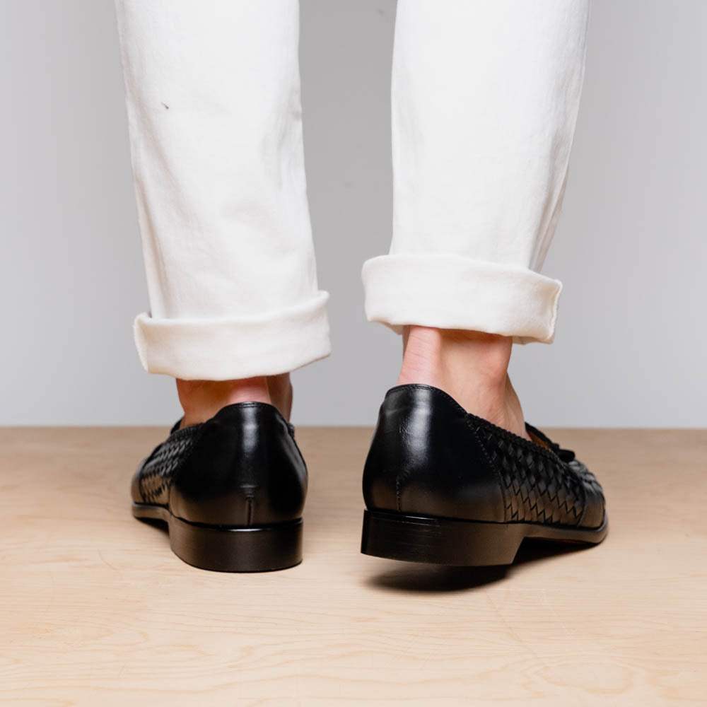 15-250-BLK RIVIERA Basketweave Calfskin Tassel Loafer, Black - Zelli Italia - Flyclothing LLC