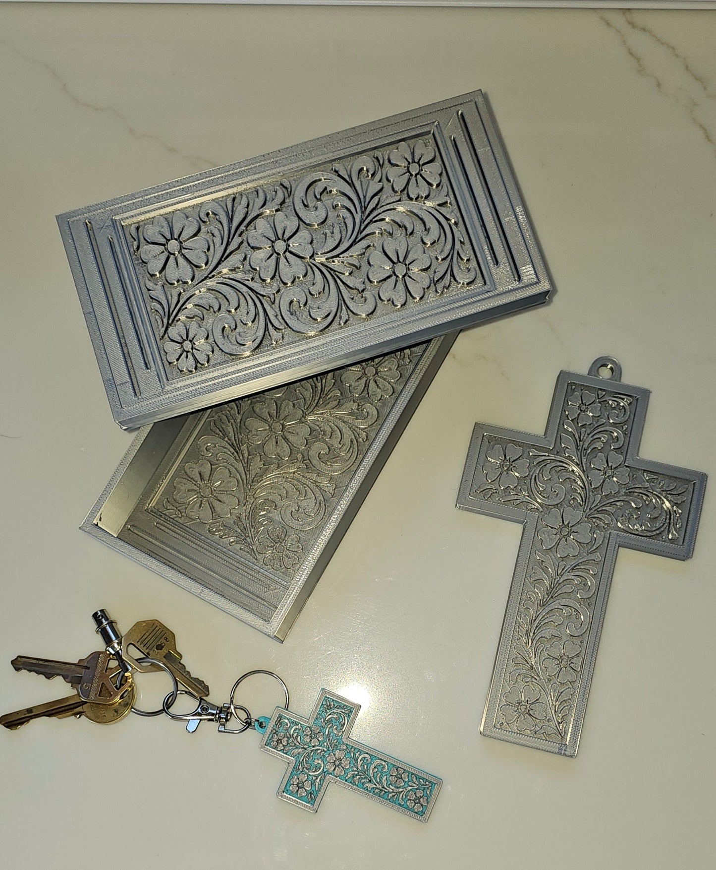3d Print Silver Tooled Trinket Gift Box or Keychain or Wall Cross