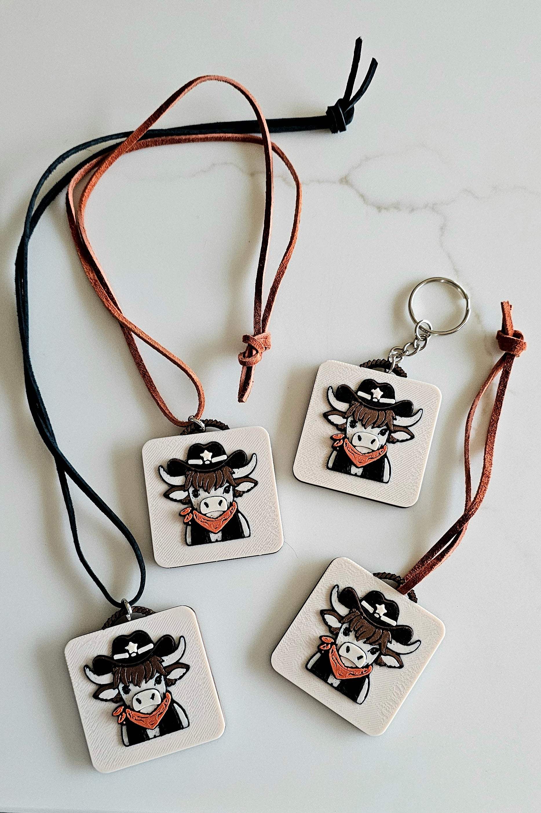 3D Print Cowboy Highland Cow Picture Necklace, Keychain or Purse Charm on Suede Leather Western Made in America - Baha Ranch Western Wear - Flyclothing LLC