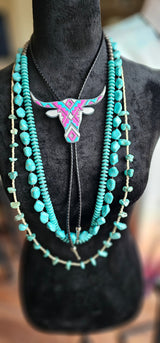 Turquoise Pink Aztec Longhorn 3D Inlay Bolo Tie Necklace Made in America