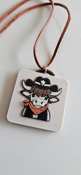 3D Print Cowboy Highland Cow Picture Necklace, Keychain or Purse Charm on Suede Leather Western Made in America
