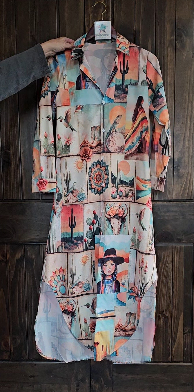 Baha Ranch Colores de Mexico Pictures of the Southwest Button-Up Long Sleeve Shirt Dress Duster - Baha Ranch Western Wear - Flyclothing LLC