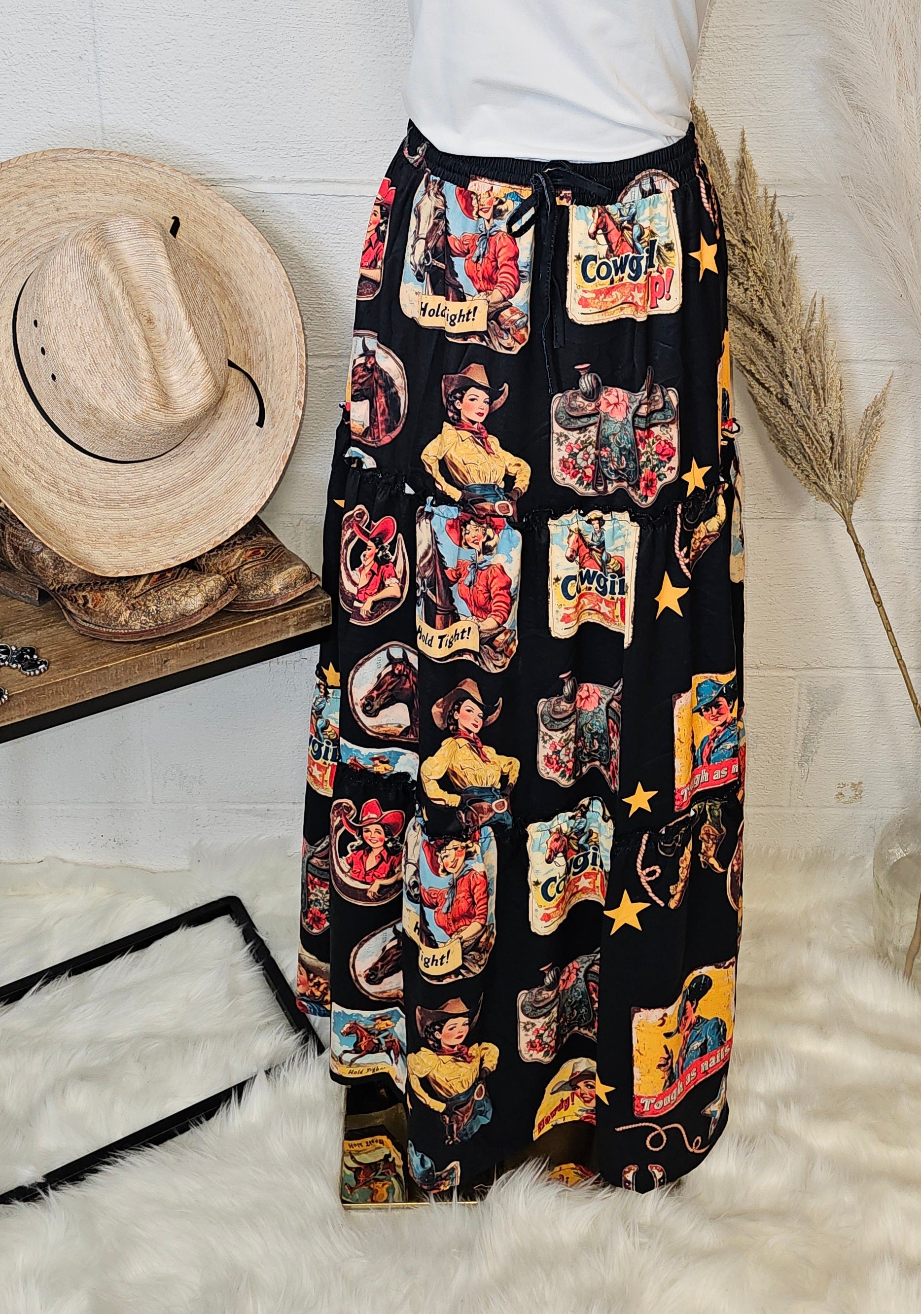 Baha Ranch Vintage Cowgirl Collage Western Tiered Prairie Maxi Skirt - Baha Ranch Western Wear - Flyclothing LLC