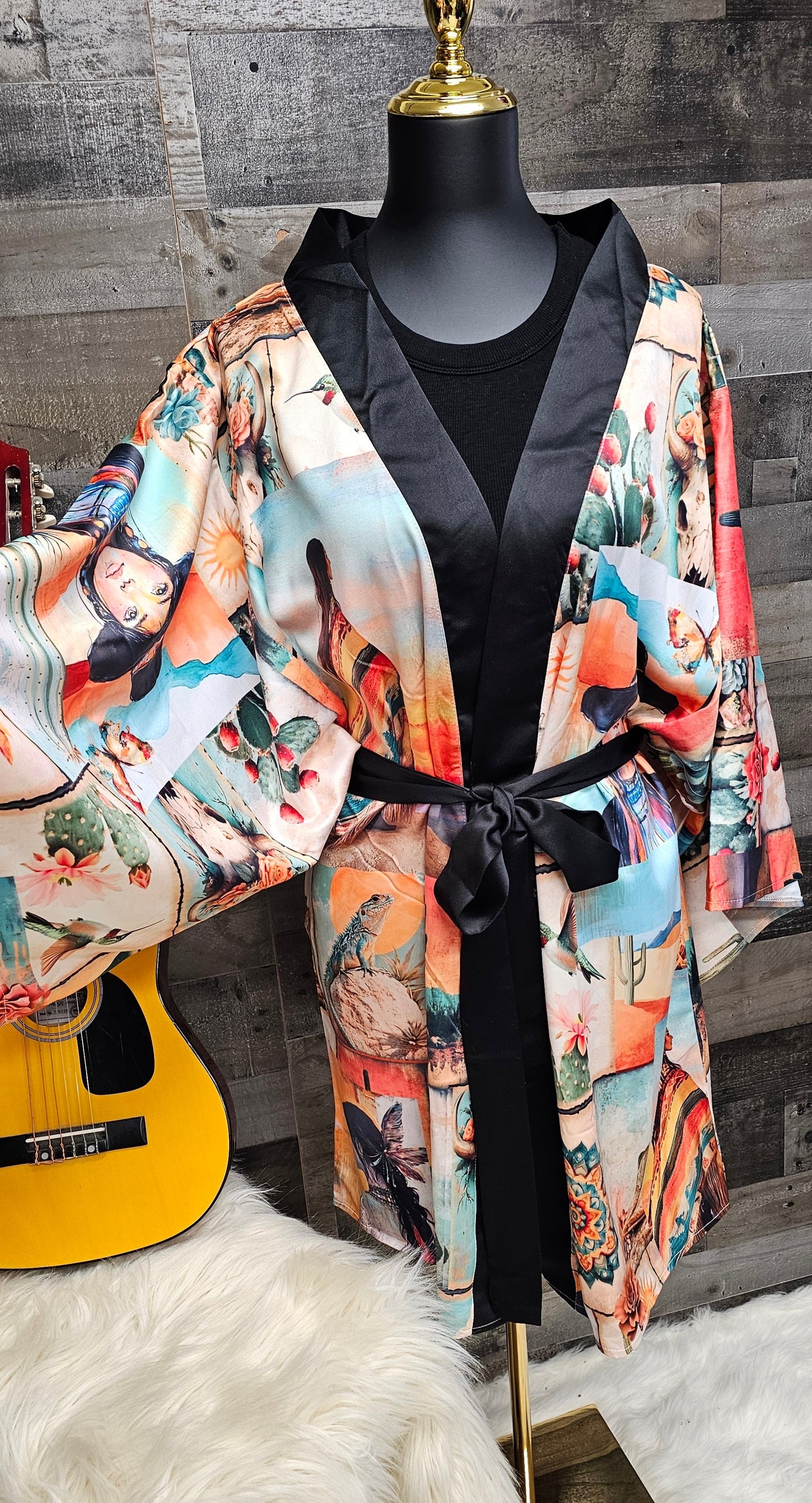 Baha Ranch Colores de Mexico Pictures of the Southwest Satin Kimono Sleeve Robe