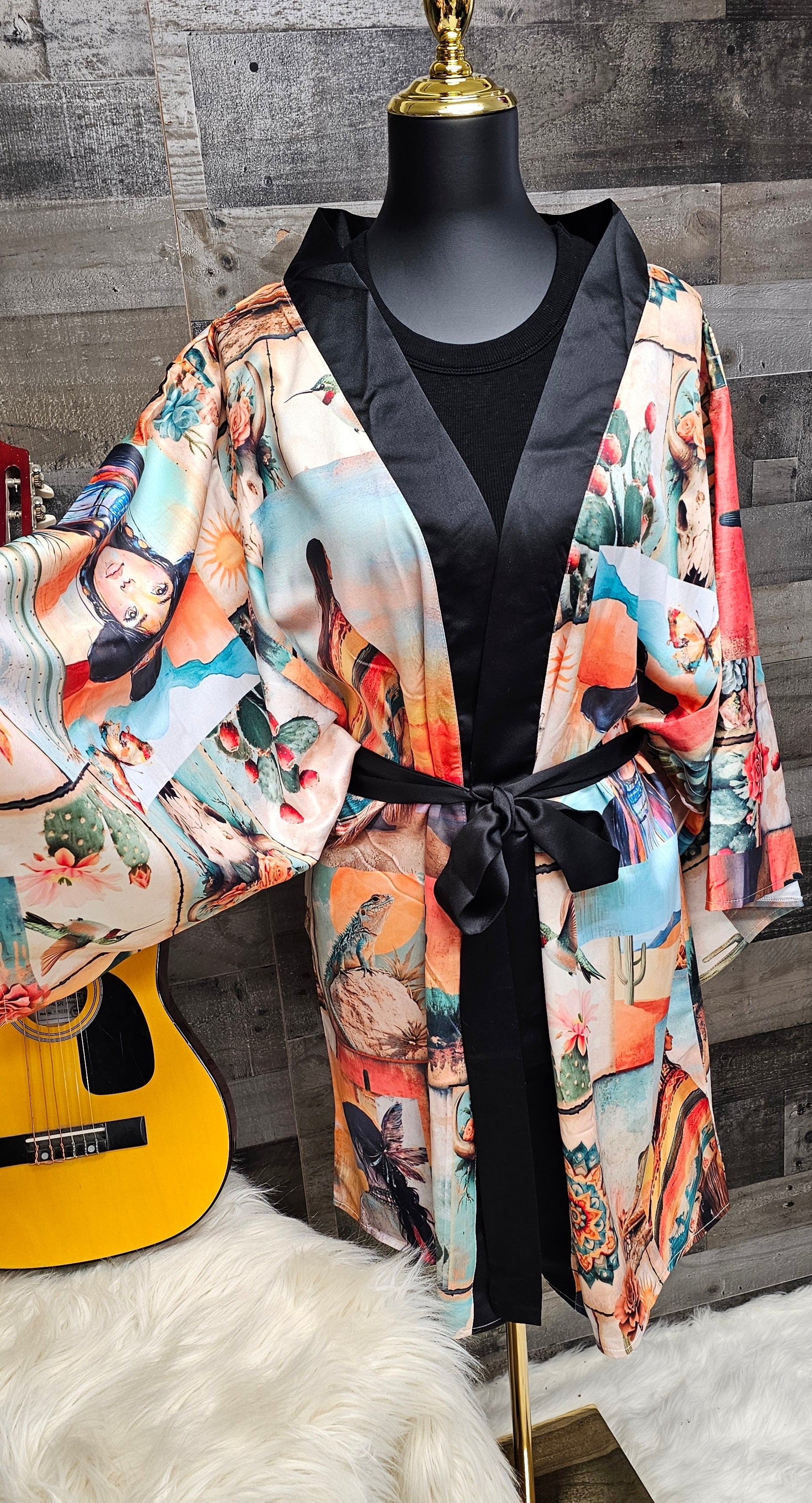 Baha Ranch Colores de Mexico Pictures of the Southwest Satin Kimono Sleeve Robe