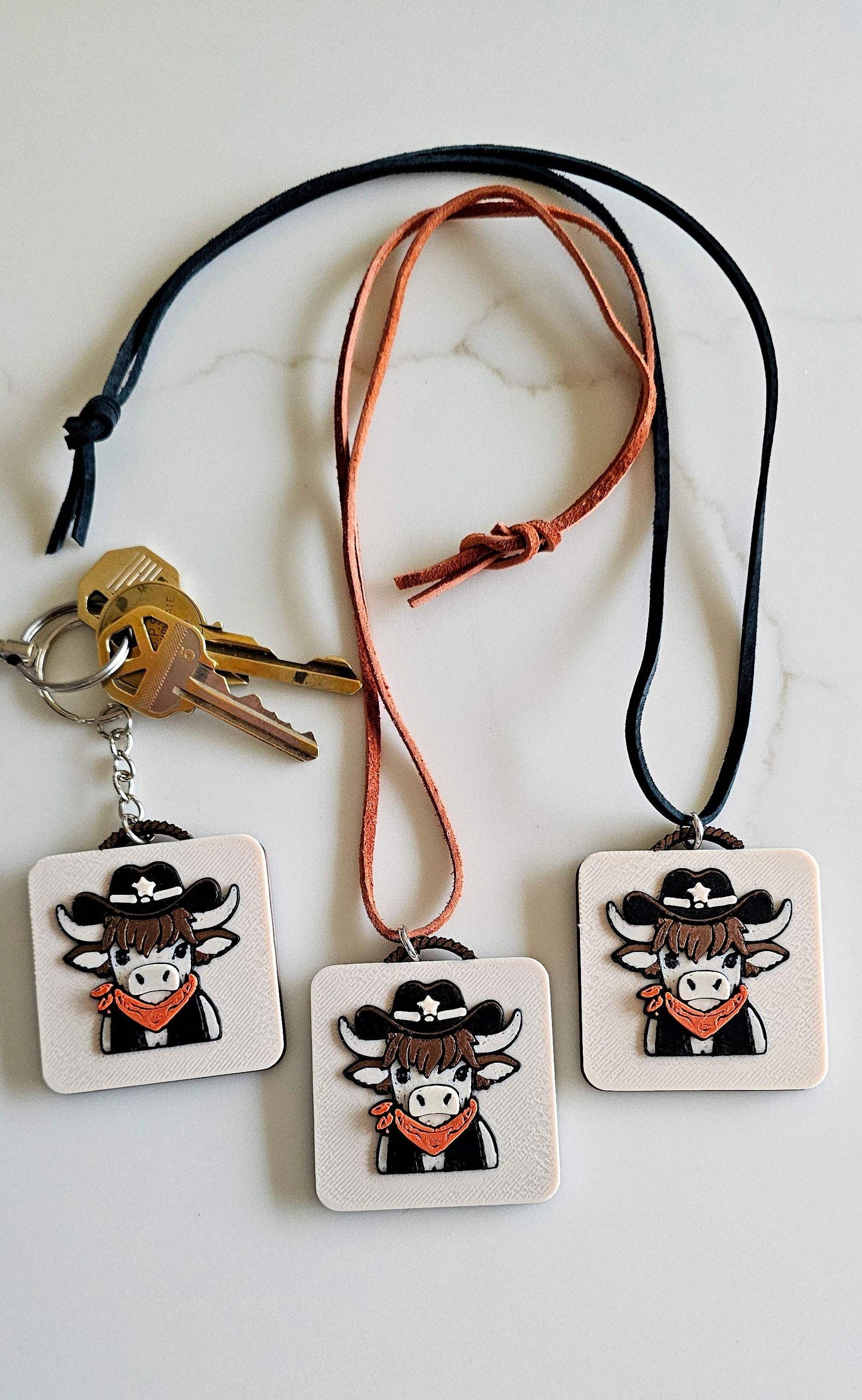 3D Print Cowboy Highland Cow Picture Necklace, Keychain or Purse Charm on Suede Leather Western Made in America - Baha Ranch Western Wear - Flyclothing LLC