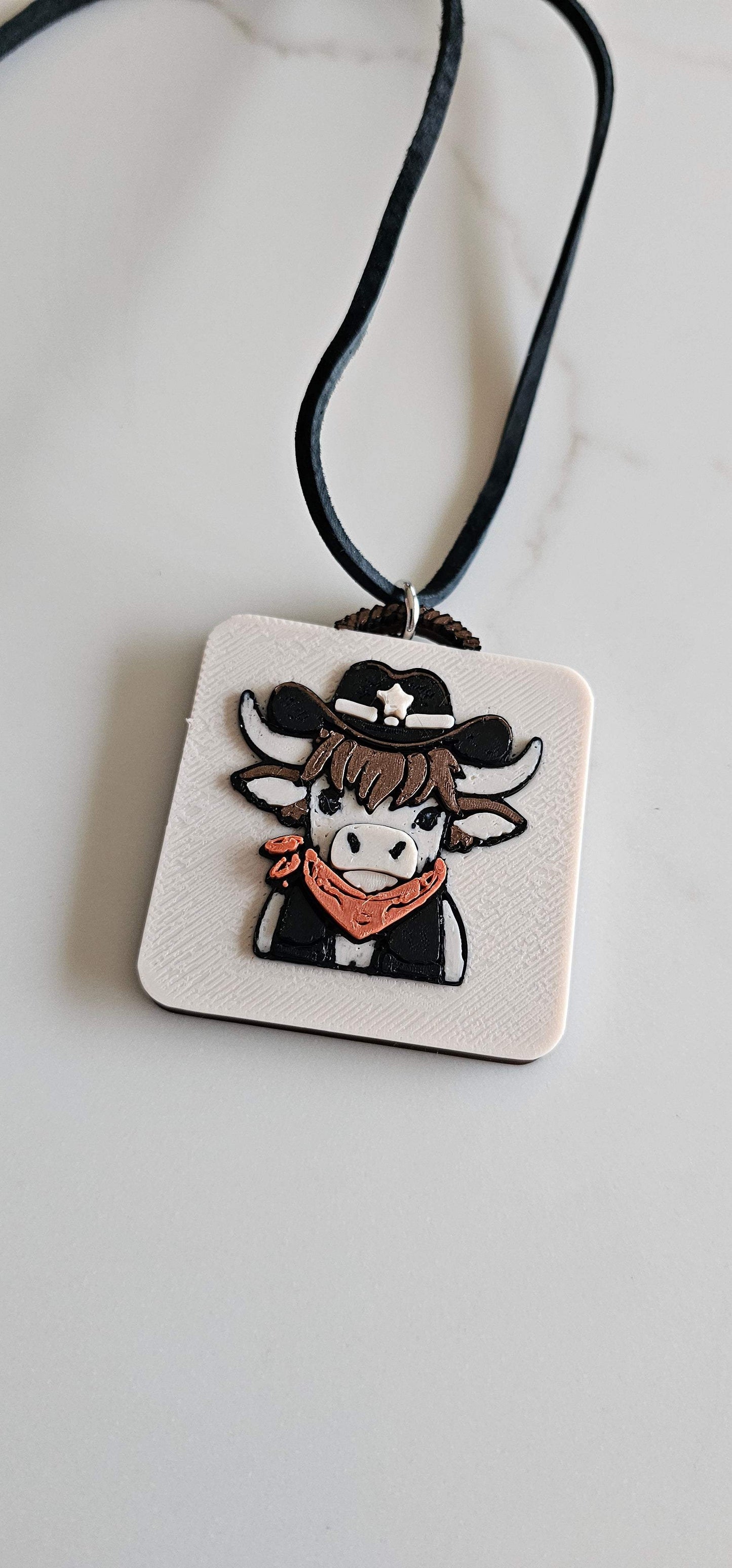 3D Print Cowboy Highland Cow Picture Necklace, Keychain or Purse Charm on Suede Leather Western Made in America - Baha Ranch Western Wear - Flyclothing LLC