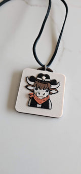 3D Print Cowboy Highland Cow Picture Necklace, Keychain or Purse Charm on Suede Leather Western Made in America - Baha Ranch Western Wear - Flyclothing LLC