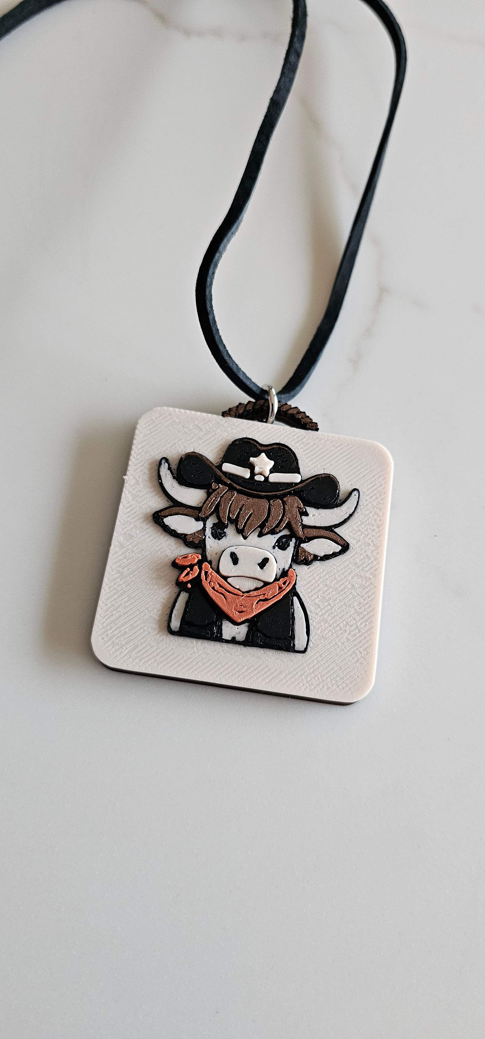 3D Print Cowboy Highland Cow Picture Necklace, Keychain or Purse Charm on Suede Leather Western Made in America - Baha Ranch Western Wear - Flyclothing LLC
