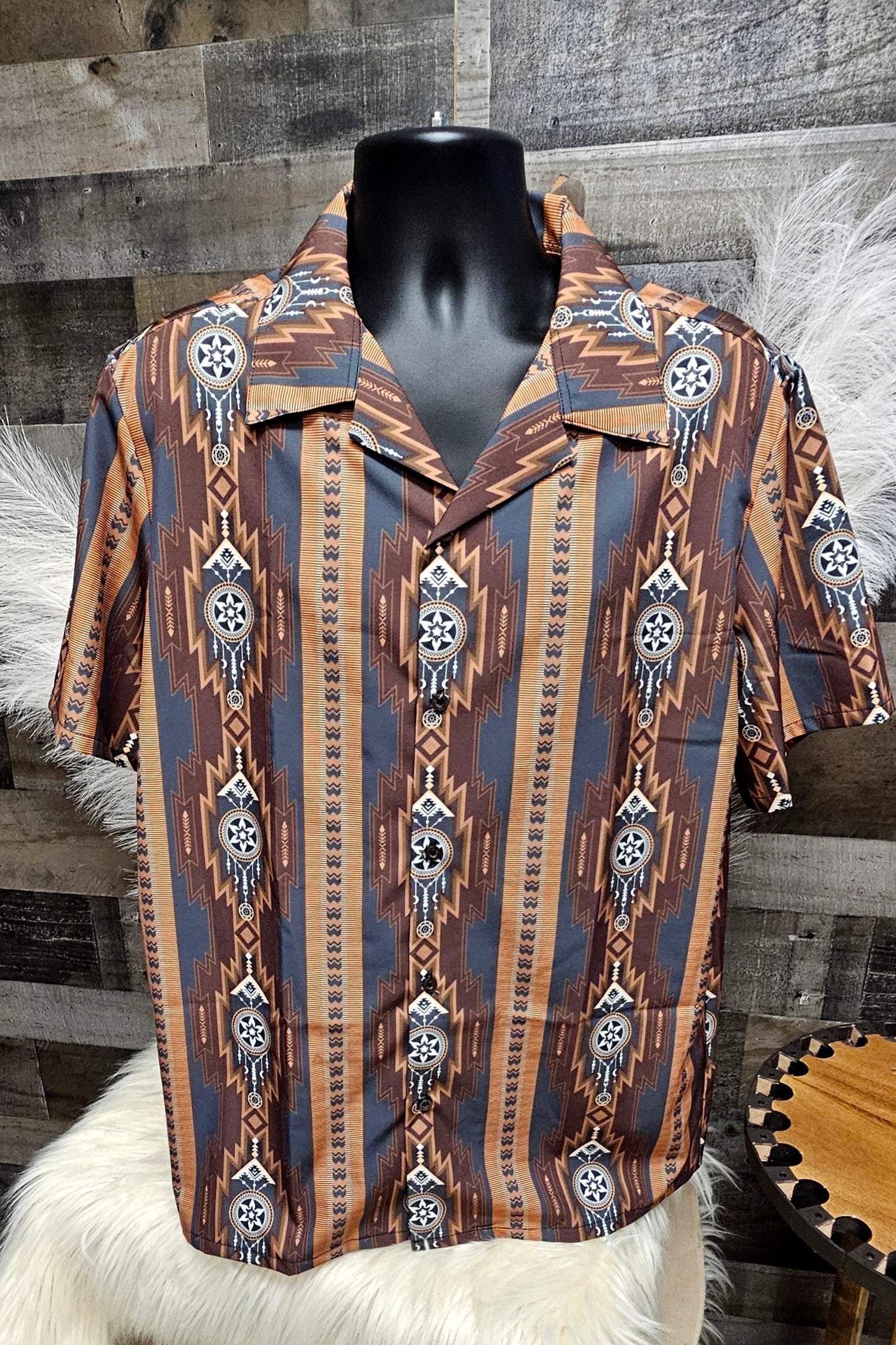 Baha Ranch Mocha Aztec Hawaiian Shirt Made in America - Baha Ranch Western Wear - Flyclothing LLC