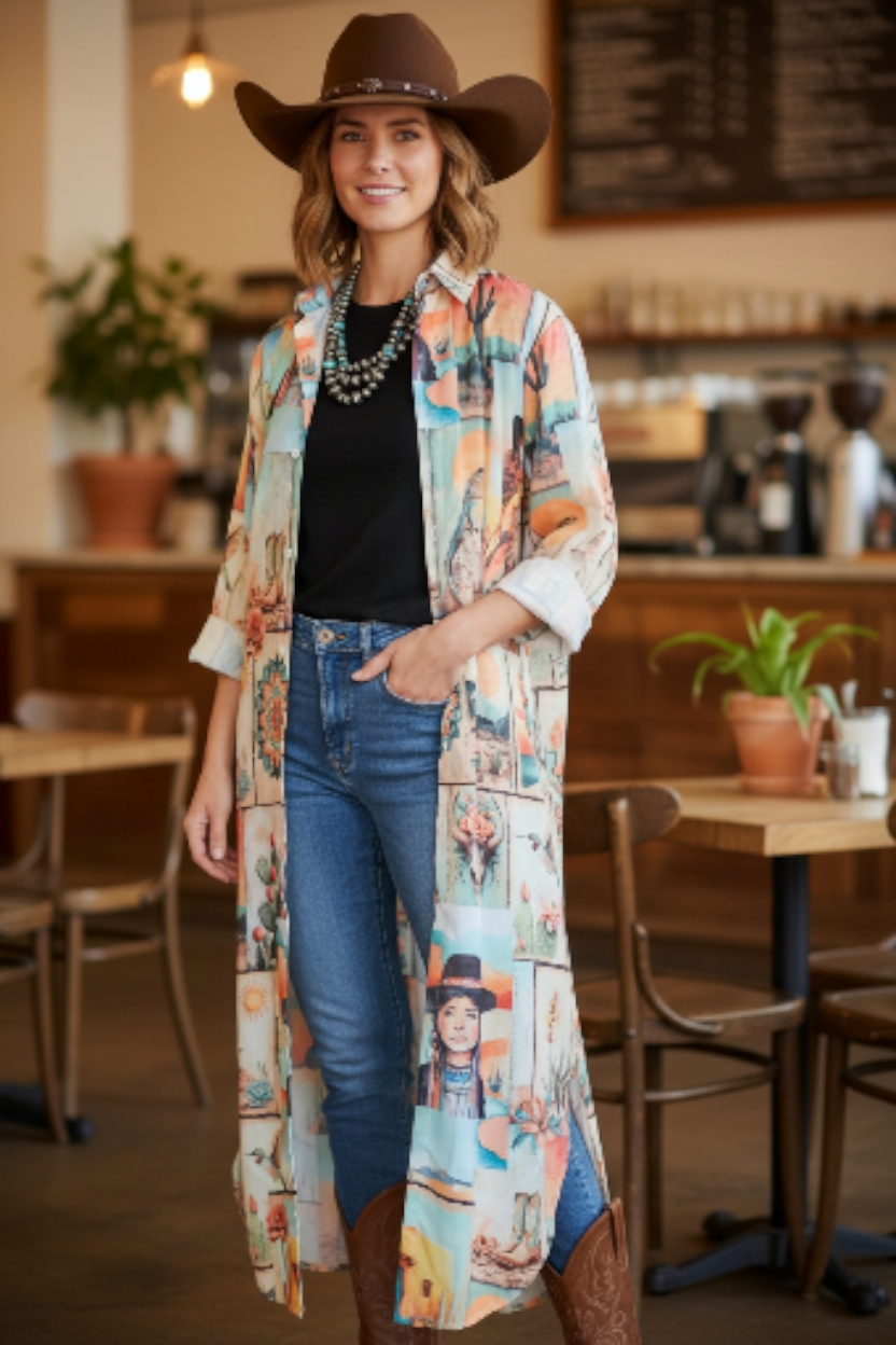Baha Ranch Colores de Mexico Pictures of the Southwest Button-Up Long Sleeve Shirt Dress Duster - Baha Ranch Western Wear - Flyclothing LLC