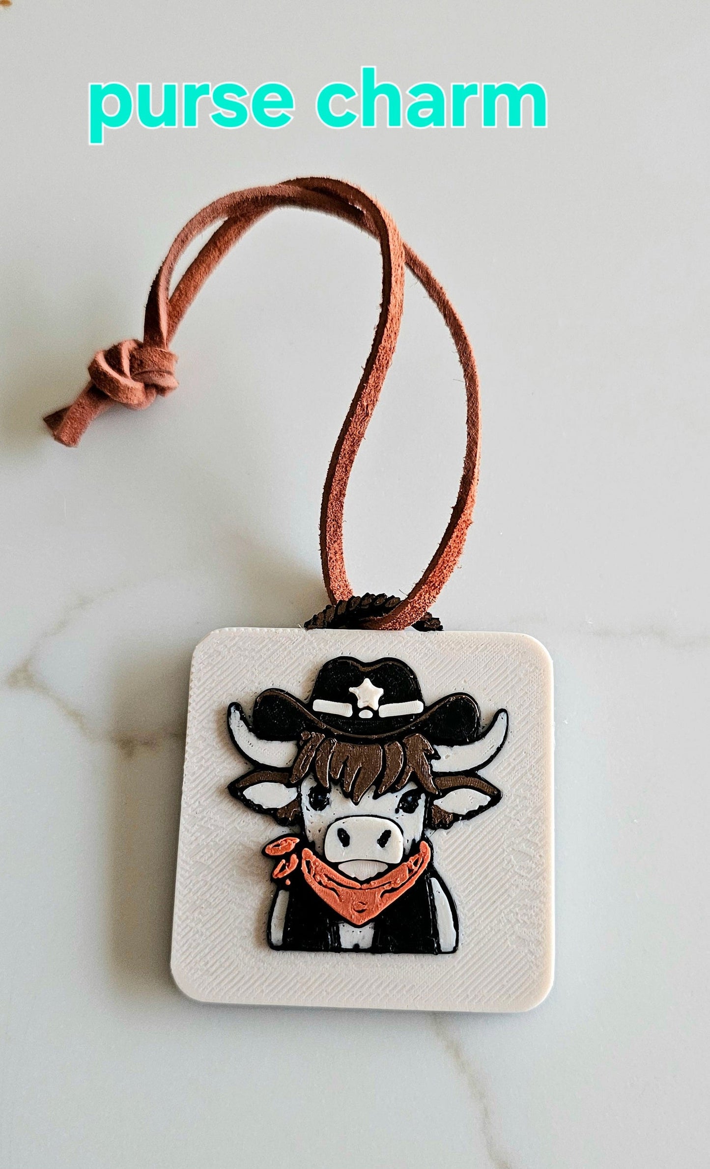 3D Print Cowboy Highland Cow Picture Necklace, Keychain or Purse Charm on Suede Leather Western Made in America