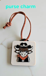 3D Print Cowboy Highland Cow Picture Necklace, Keychain or Purse Charm on Suede Leather Western Made in America