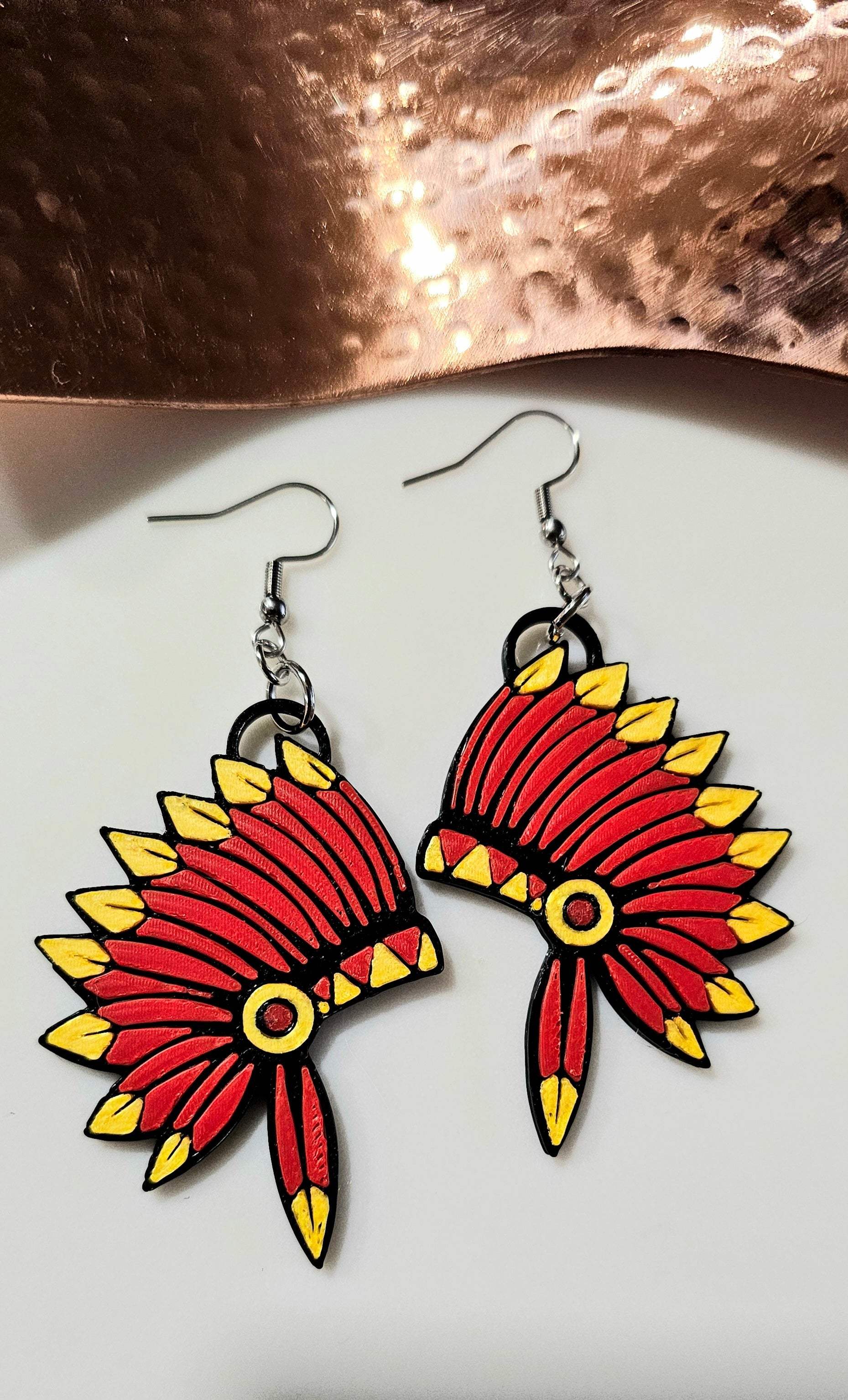 3D Print Kansas City Indian Headdress Chiefs Earrings Made in America - Baha Ranch Western Wear - Flyclothing LLC