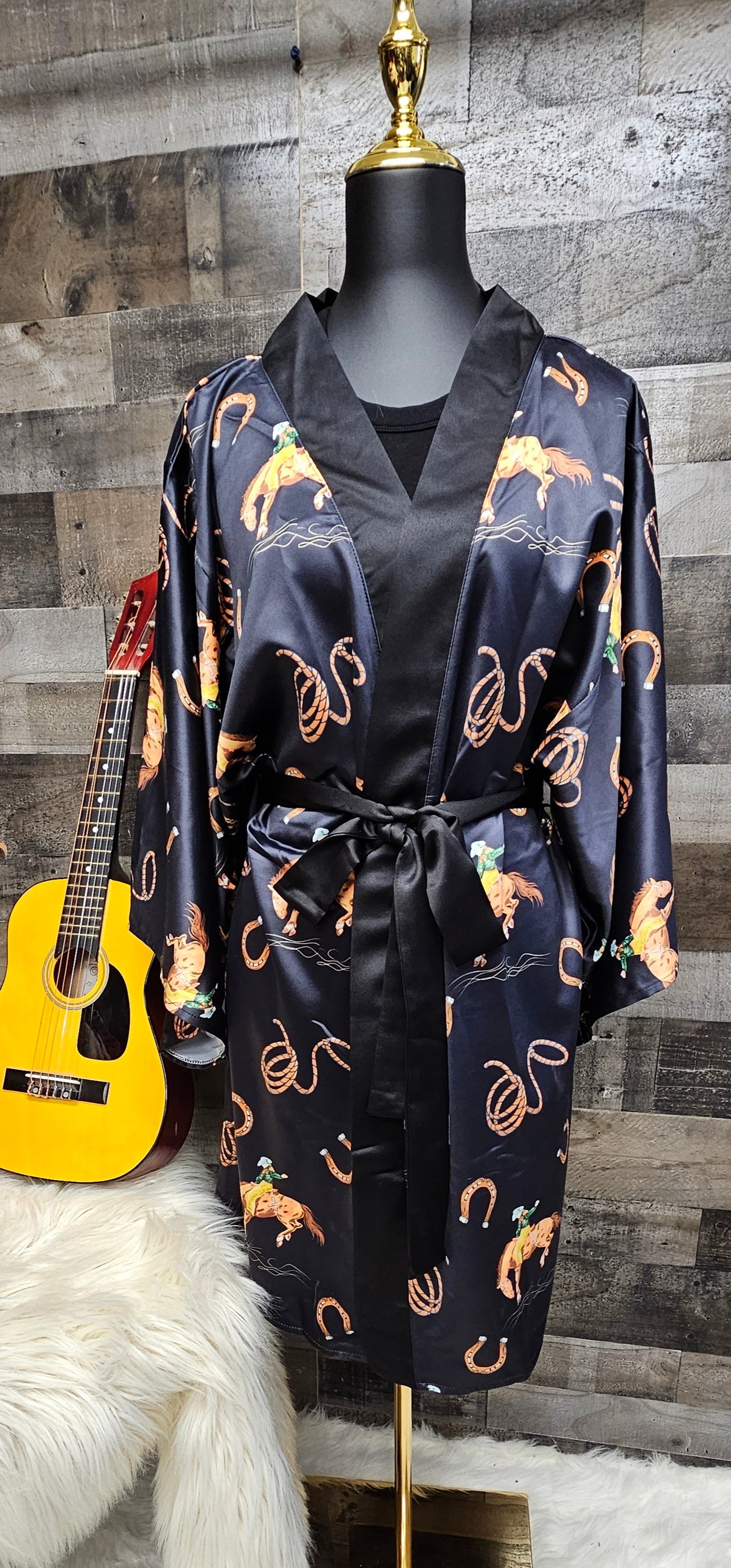 Baha Ranch Rodeo Cowboy Satin Kimono Sleeve Robe