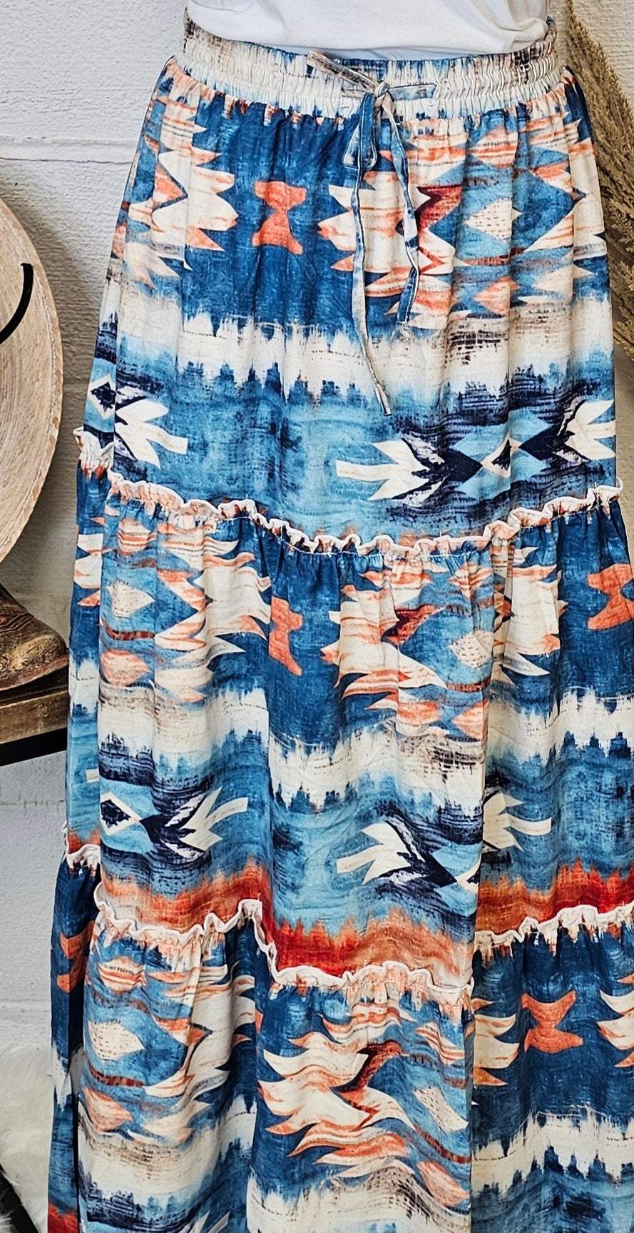 Baha Ranch Blue Aztec Western Prairie Tiered Maxi Skirt - Baha Ranch Western Wear - Flyclothing LLC