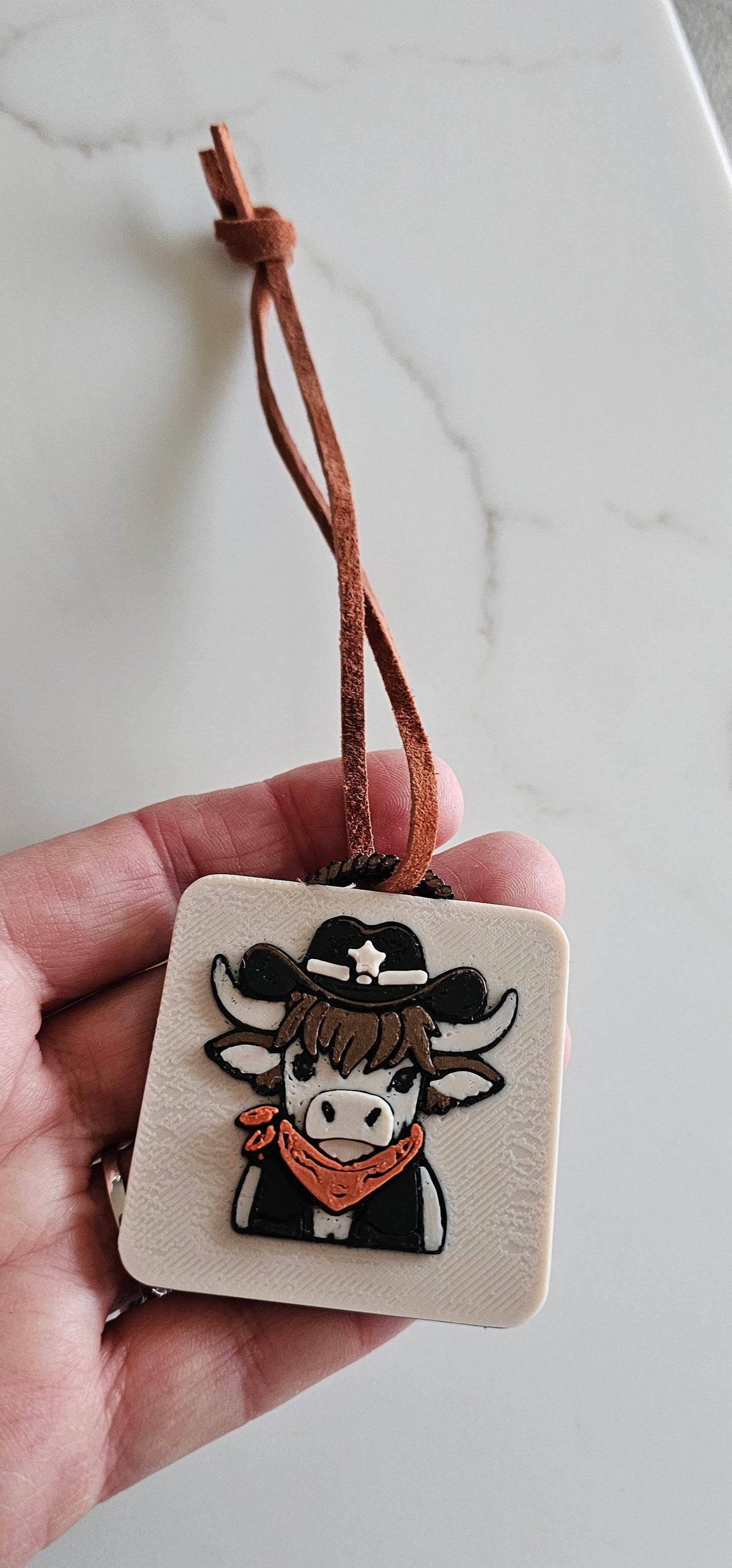 3D Print Cowboy Highland Cow Picture Necklace, Keychain or Purse Charm on Suede Leather Western Made in America
