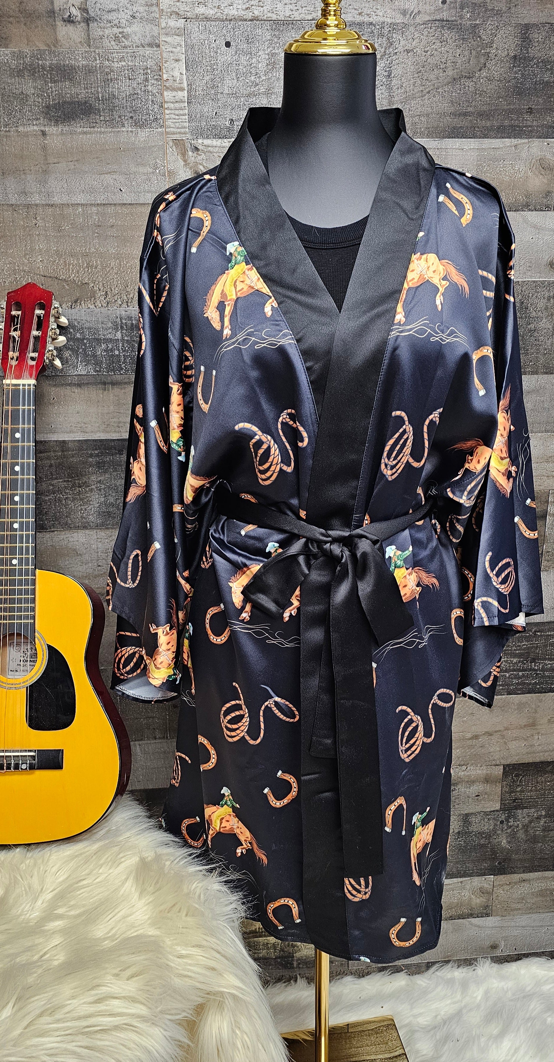 Baha Ranch Rodeo Cowboy Satin Kimono Sleeve Robe