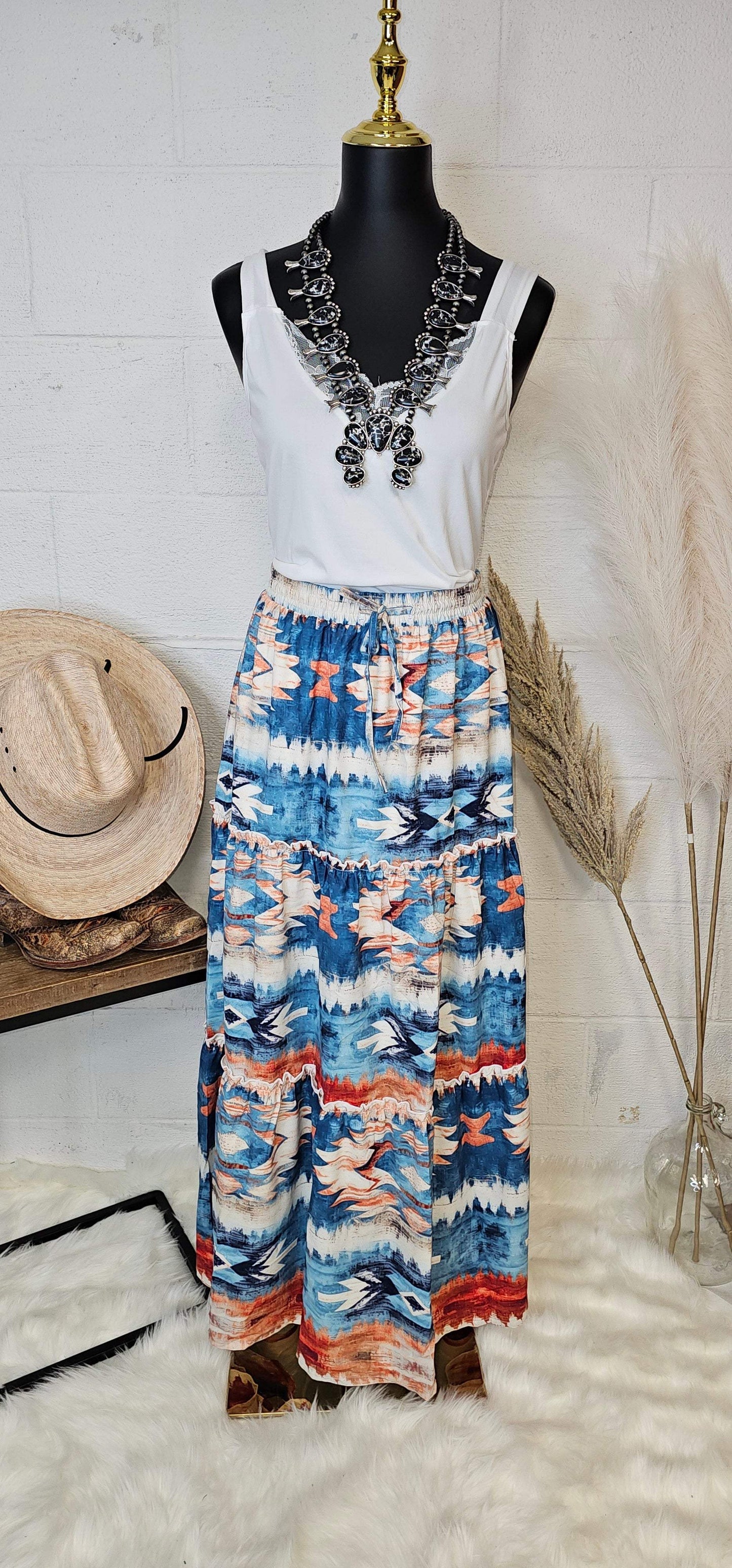 Baha Ranch Blue Aztec Western Prairie Tiered Maxi Skirt - Baha Ranch Western Wear - Flyclothing LLC