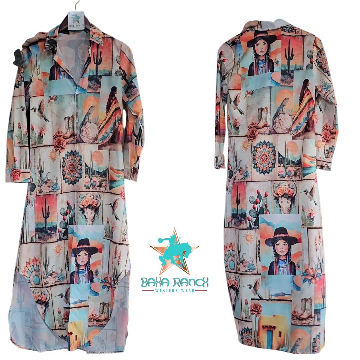 Baha Ranch Colores de Mexico Pictures of the Southwest Button-Up Long Sleeve Shirt Dress Duster - Baha Ranch Western Wear - Flyclothing LLC