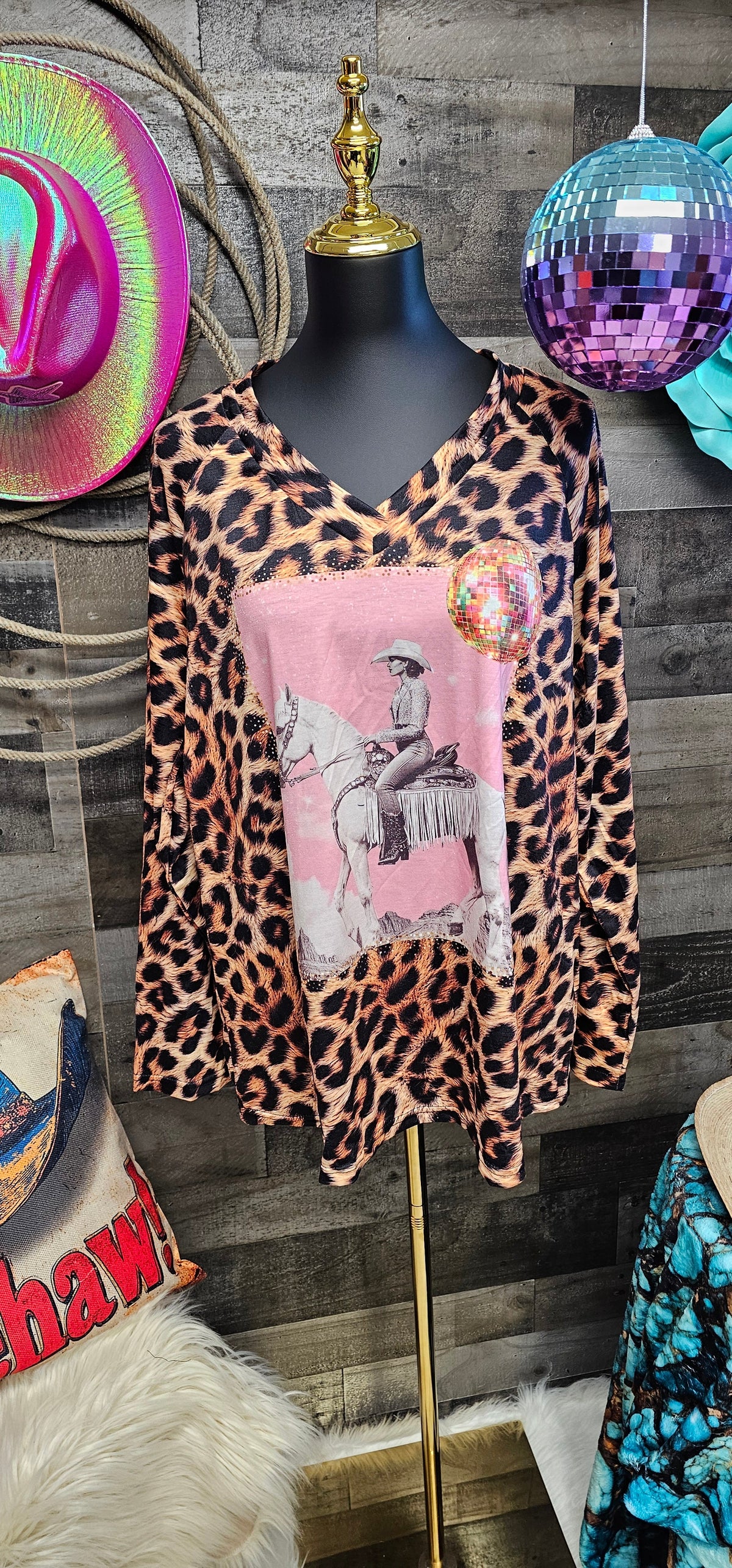 Baha Ranch Retro Pop Western Leopard Cowgirl Long Sleeve Top - Baha Ranch Western Wear - Flyclothing LLC
