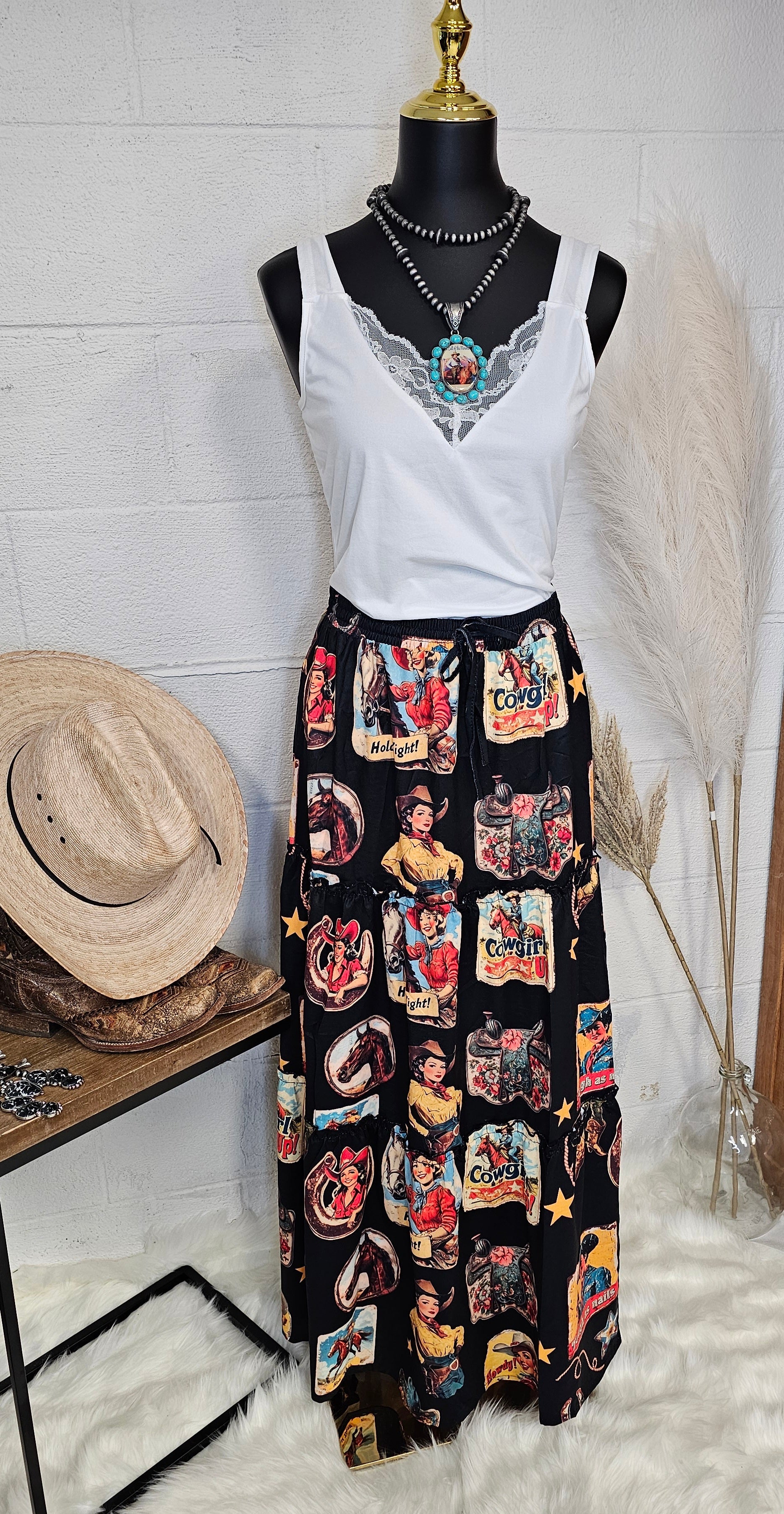 Baha Ranch Vintage Cowgirl Collage Western Tiered Prairie Maxi Skirt - Baha Ranch Western Wear - Flyclothing LLC