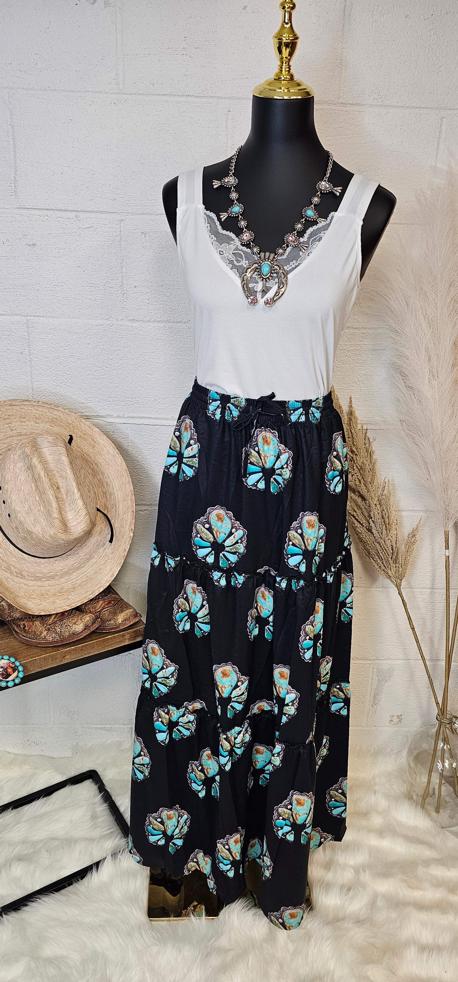 Baha Ranch Turquoise Naja Southwestern Tiered Prairie Maxi Skirt - Baha Ranch Western Wear - Flyclothing LLC