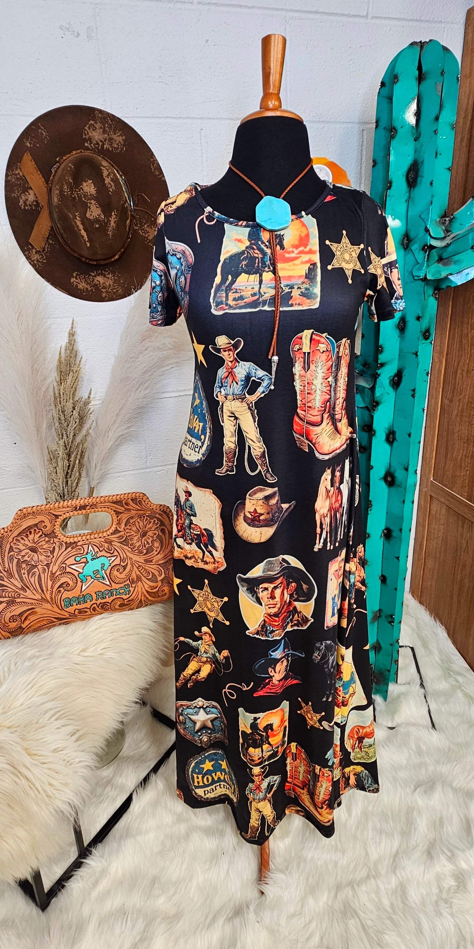 Baha Ranch Vintage Cowboy Collage Western Dress - Baha Ranch Western Wear - Flyclothing LLC