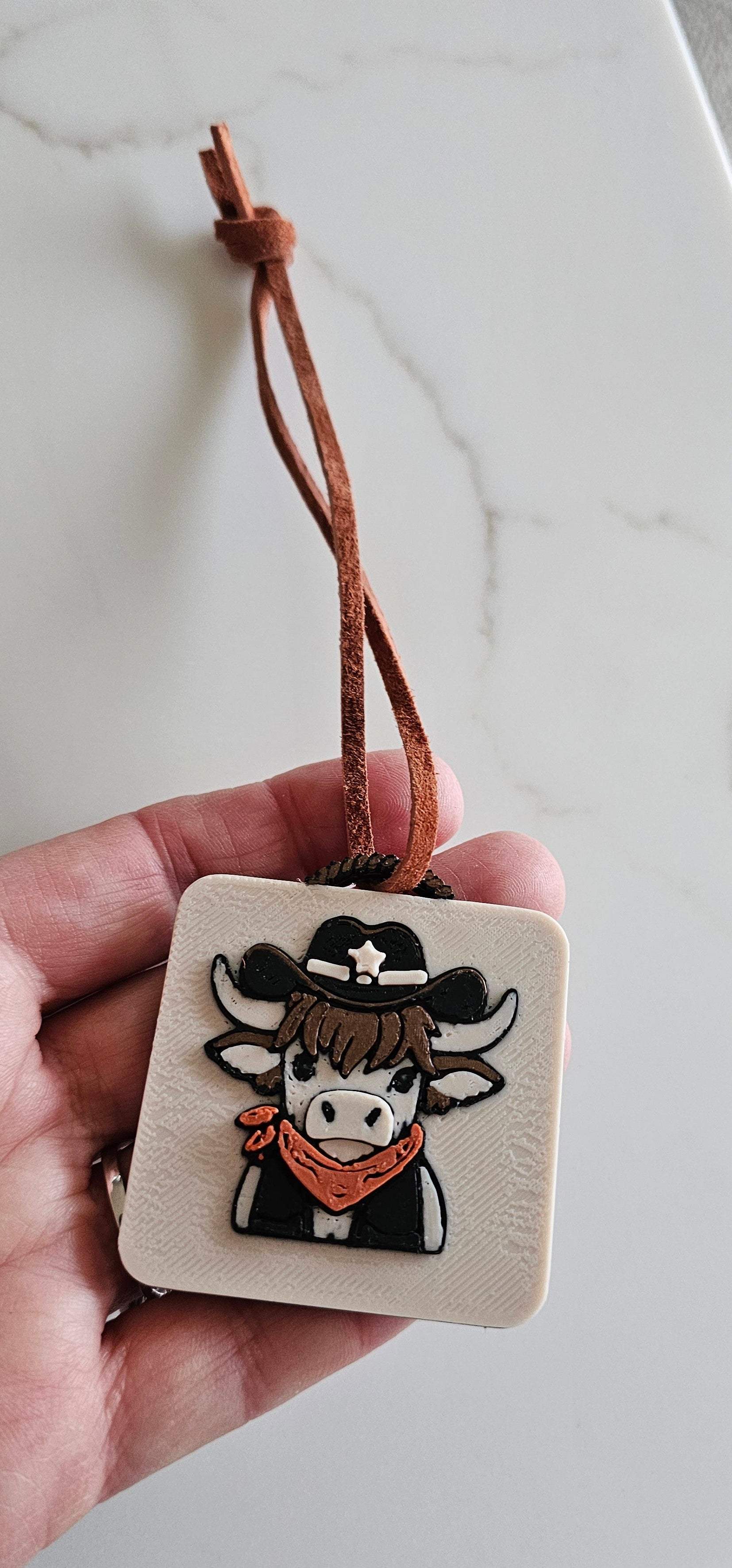 3D Print Cowboy Highland Cow Picture Necklace, Keychain or Purse Charm on Suede Leather Western Made in America - Baha Ranch Western Wear - Flyclothing LLC