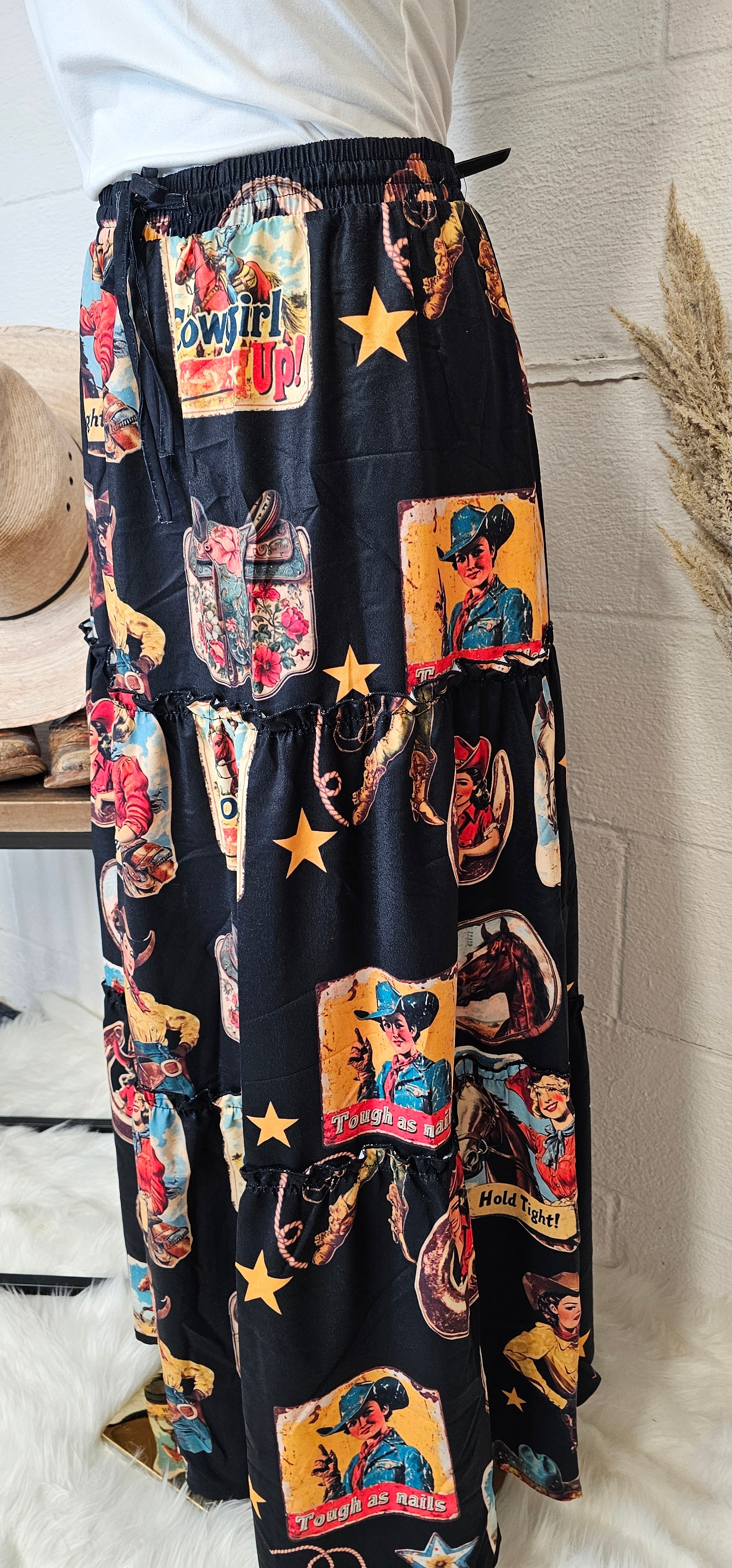 Baha Ranch Vintage Cowgirl Collage Western Tiered Prairie Maxi Skirt - Baha Ranch Western Wear - Flyclothing LLC
