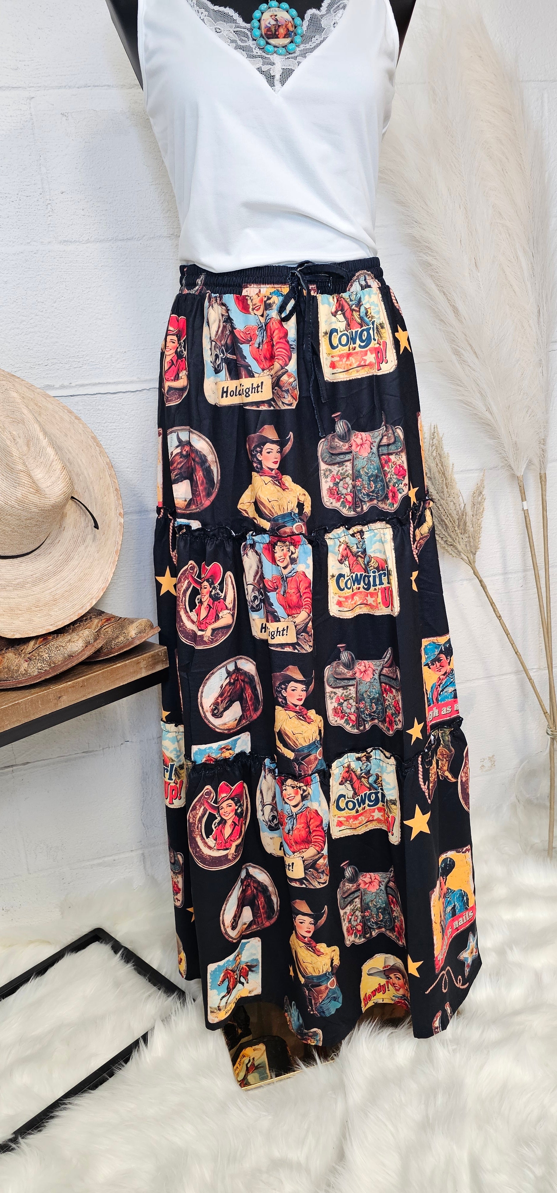 Baha Ranch Vintage Cowgirl Collage Western Tiered Prairie Maxi Skirt - Baha Ranch Western Wear - Flyclothing LLC