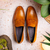 15-400-CML ROMA Hand Burnished Calfskin Penny Loafer Camel - Zelli Italia - Flyclothing LLC