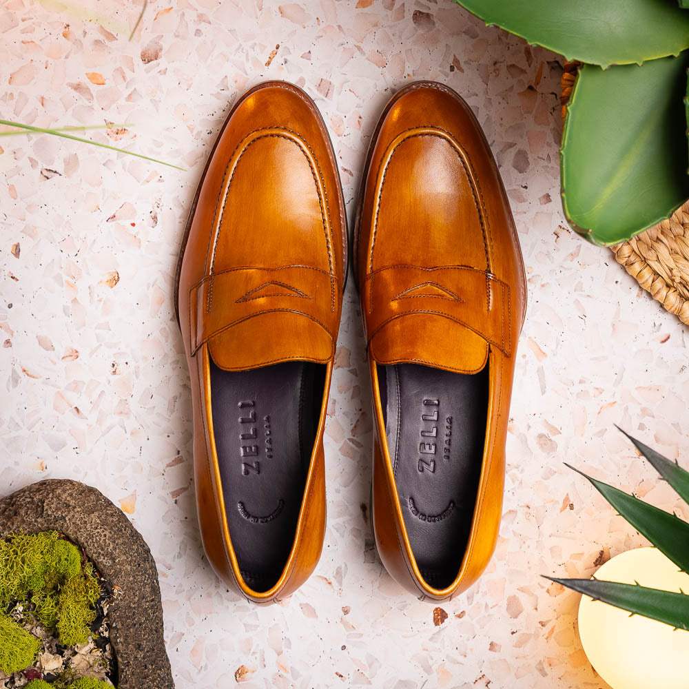 15-400-CML ROMA Hand Burnished Calfskin Penny Loafer Camel - Zelli Italia - Flyclothing LLC