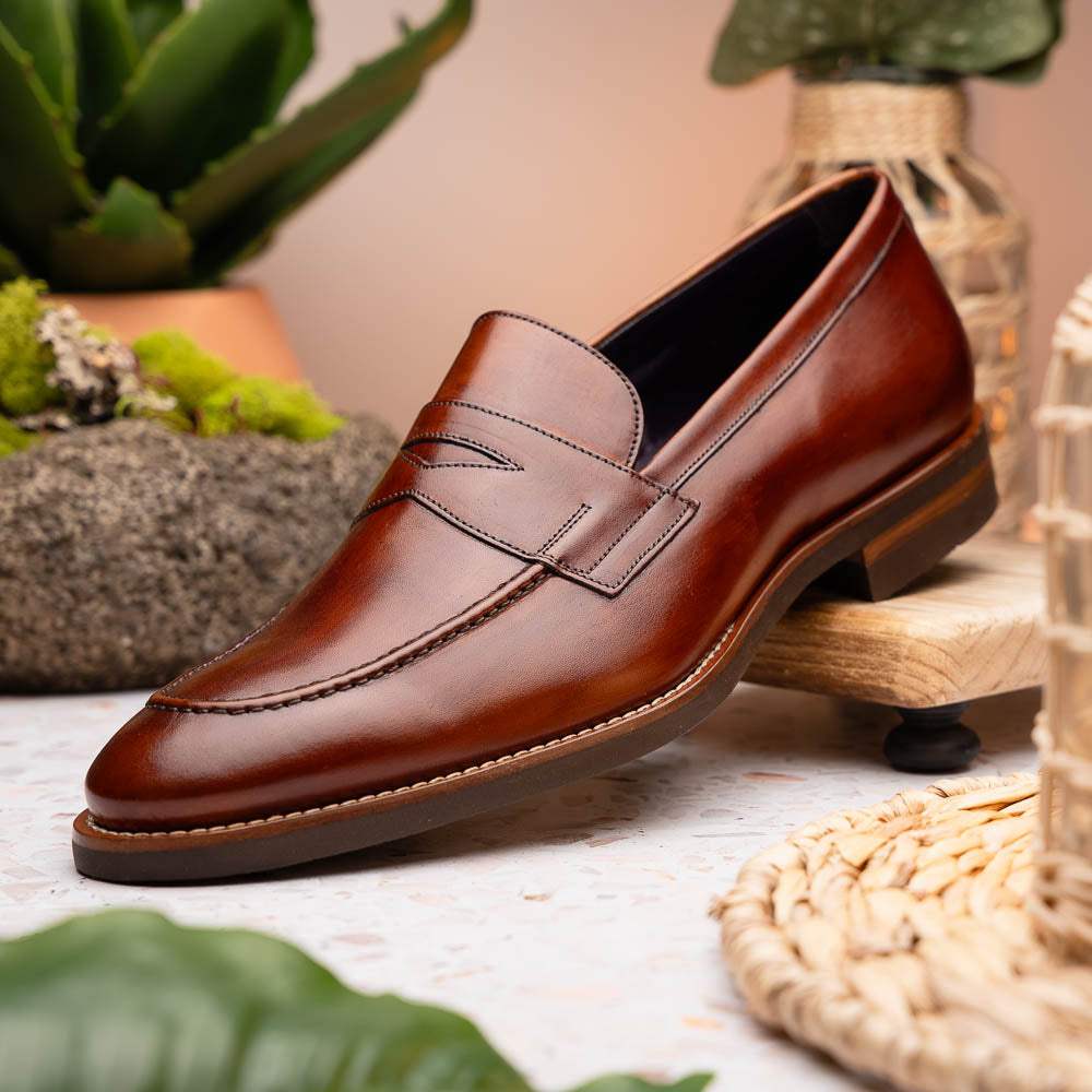 15-400-CGN ROMA Hand Burnished Calfskin Penny Loafer Cognac - Zelli Italia - Flyclothing LLC