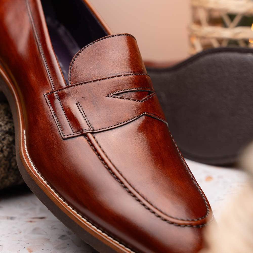 15-400-CGN ROMA Hand Burnished Calfskin Penny Loafer Cognac - Zelli Italia - Flyclothing LLC