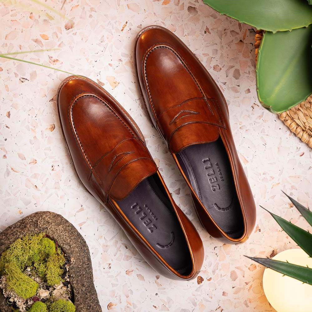 15-400-CGN ROMA Hand Burnished Calfskin Penny Loafer Cognac - Zelli Italia - Flyclothing LLC