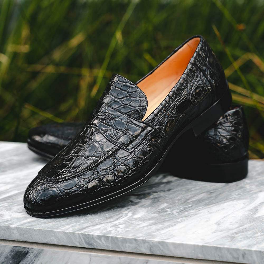 11-201-BKM ROMA Crocodile Penny Loafer, Black - Zelli Italia - Flyclothing LLC